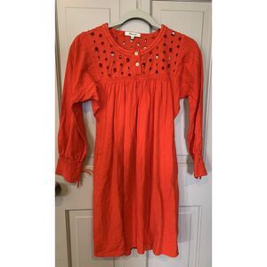 Madewell Linen Blend‎ Daybreak Eyelet Long Sleeve Dress Size XXS Red Poppy EUC